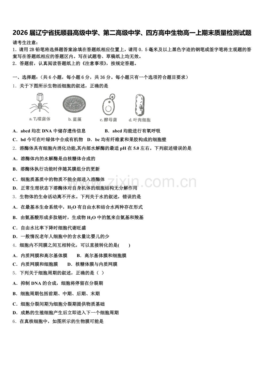 2026届辽宁省抚顺县高级中学、第二高级中学、四方高中生物高一上期末质量检测试题含解析.doc_第1页
