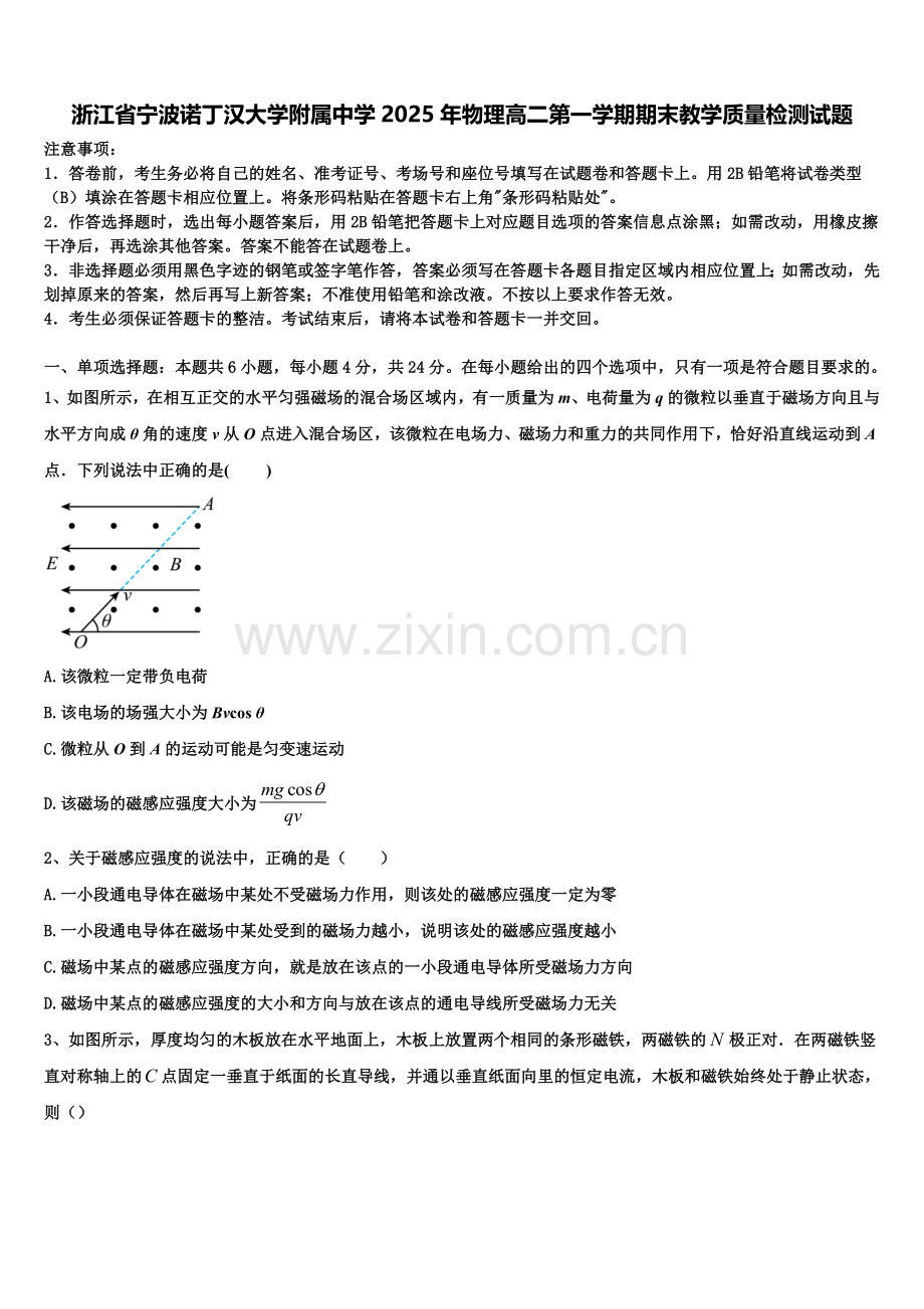 浙江省宁波诺丁汉大学附属中学2025年物理高二第一学期期末教学质量检测试题含解析.doc_第1页