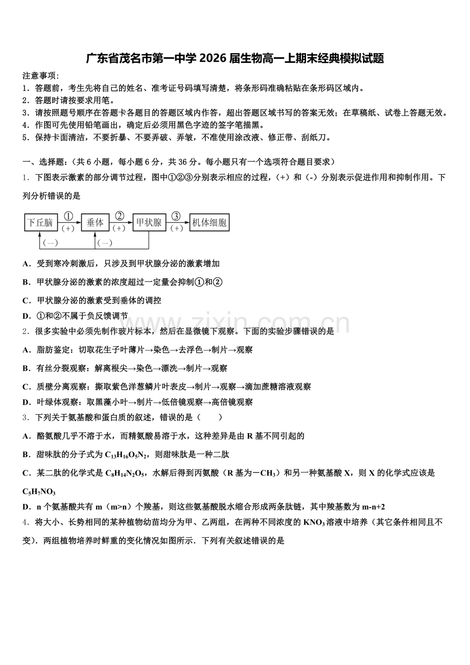 广东省茂名市第一中学2026届生物高一上期末经典模拟试题含解析.doc_第1页