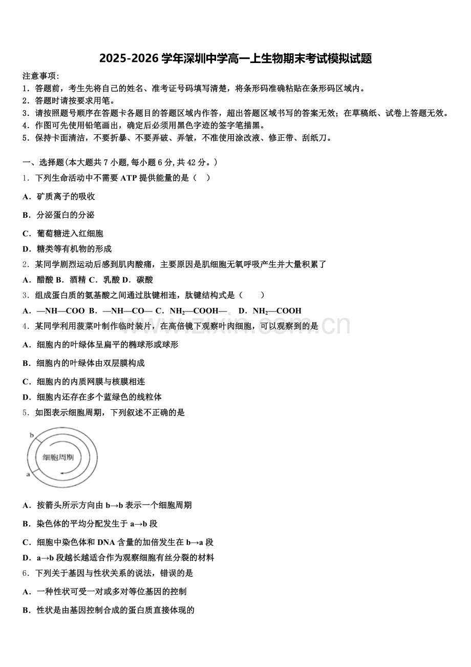 2025-2026学年深圳中学高一上生物期末考试模拟试题含解析.doc_第1页