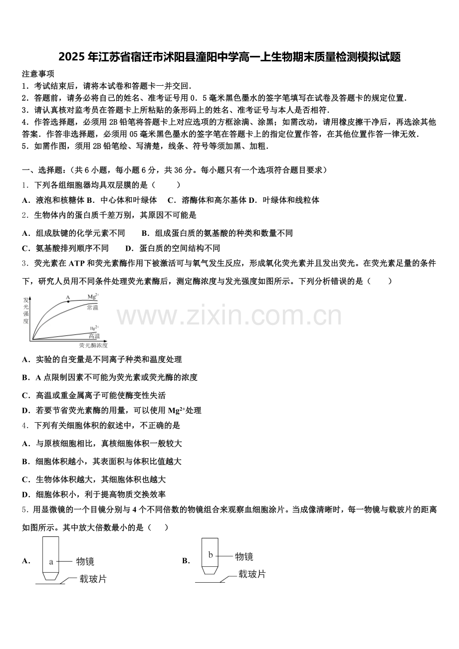 2025年江苏省宿迁市沭阳县潼阳中学高一上生物期末质量检测模拟试题含解析.doc_第1页