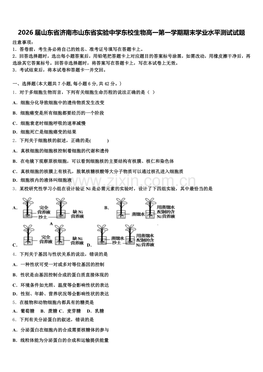 2026届山东省济南市山东省实验中学东校生物高一第一学期期末学业水平测试试题含解析.doc_第1页