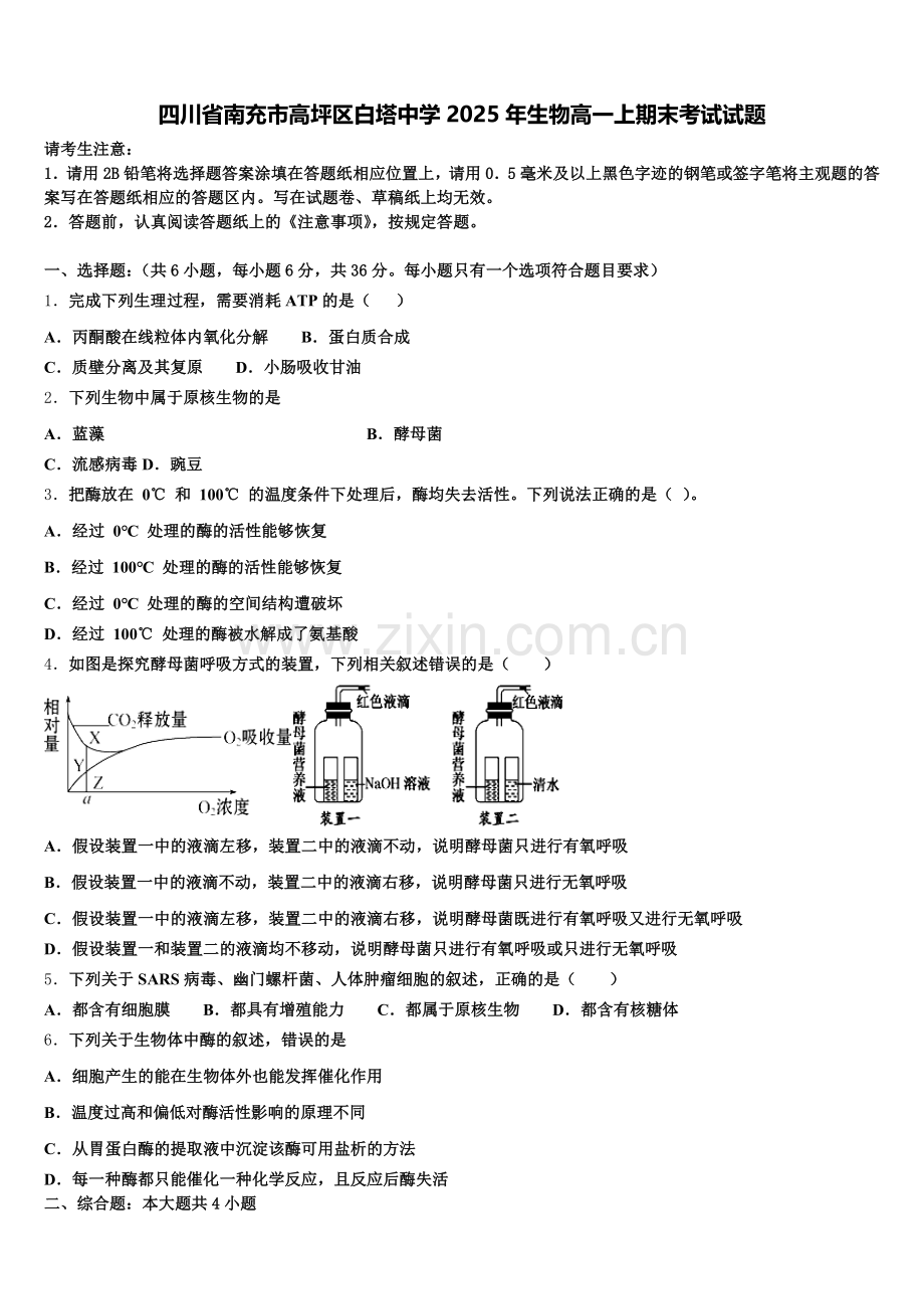 四川省南充市高坪区白塔中学2025年生物高一上期末考试试题含解析.doc_第1页