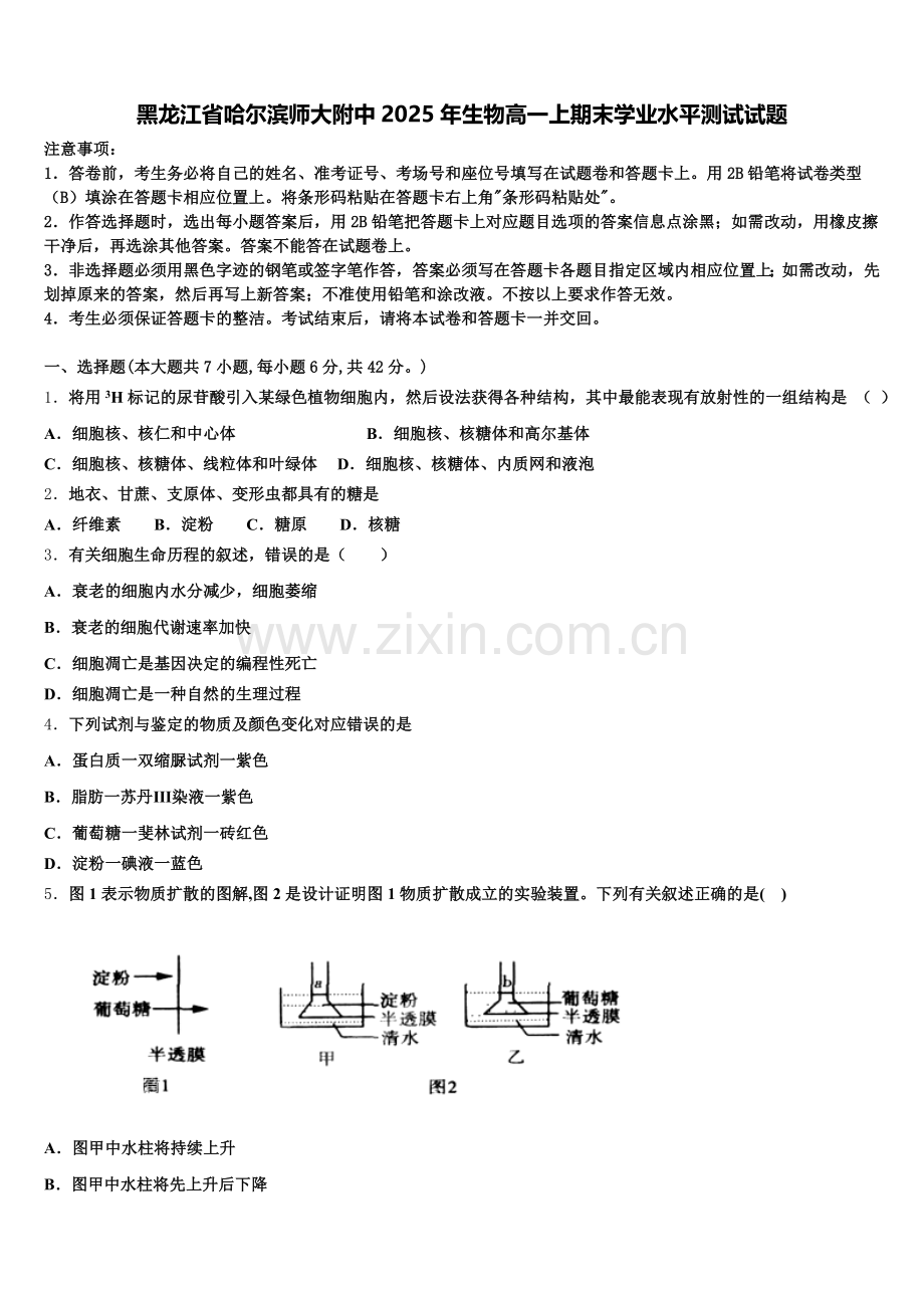 黑龙江省哈尔滨师大附中2025年生物高一上期末学业水平测试试题含解析.doc_第1页