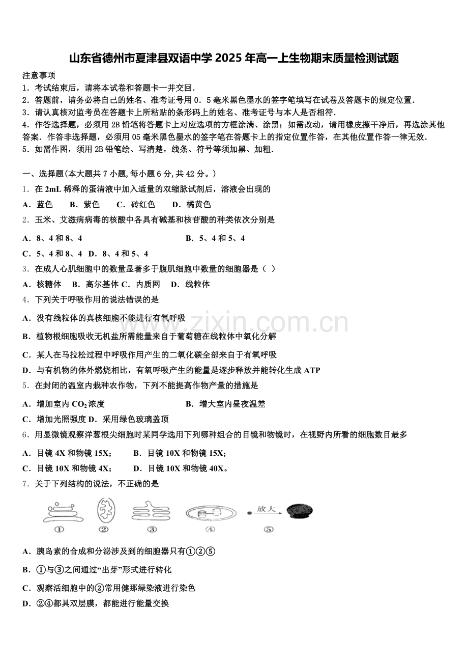 山东省德州市夏津县双语中学2025年高一上生物期末质量检测试题含解析.doc_第1页
