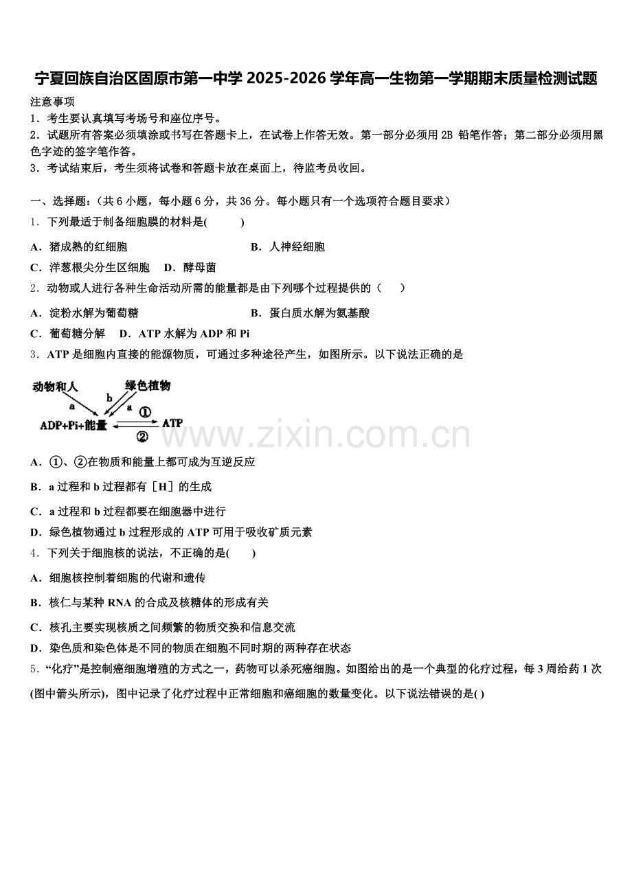 宁夏回族自治区固原市第一中学2025-2026学年高一生物第一学期期末质量检测试题含解析.doc_第1页