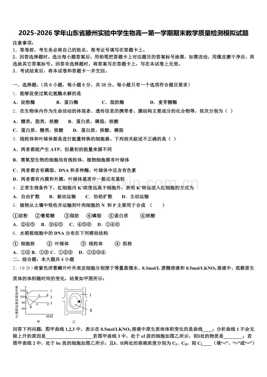 2025-2026学年山东省滕州实验中学生物高一第一学期期末教学质量检测模拟试题含解析.doc_第1页