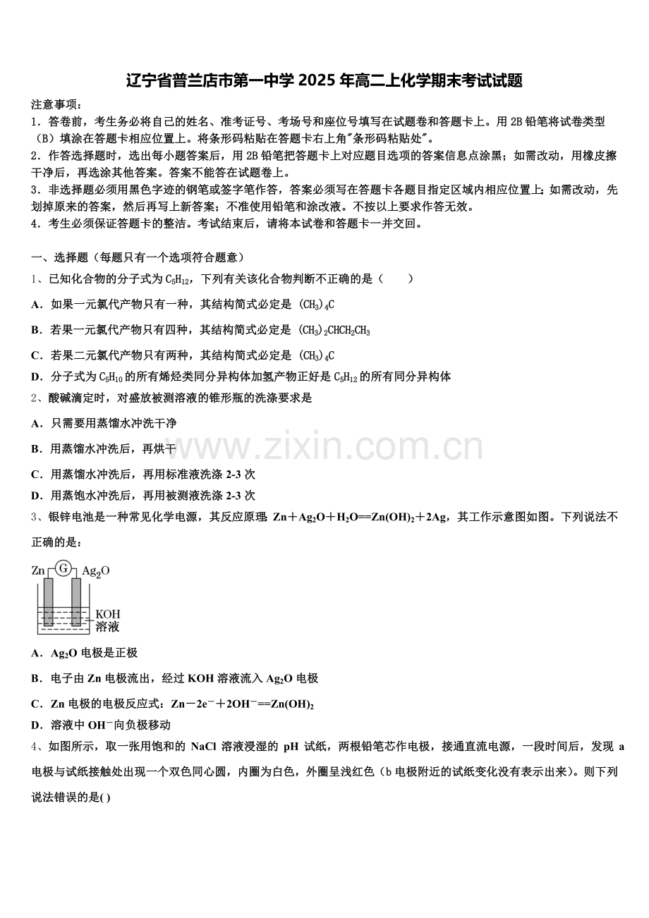 辽宁省普兰店市第一中学2025年高二上化学期末考试试题含解析.doc_第1页