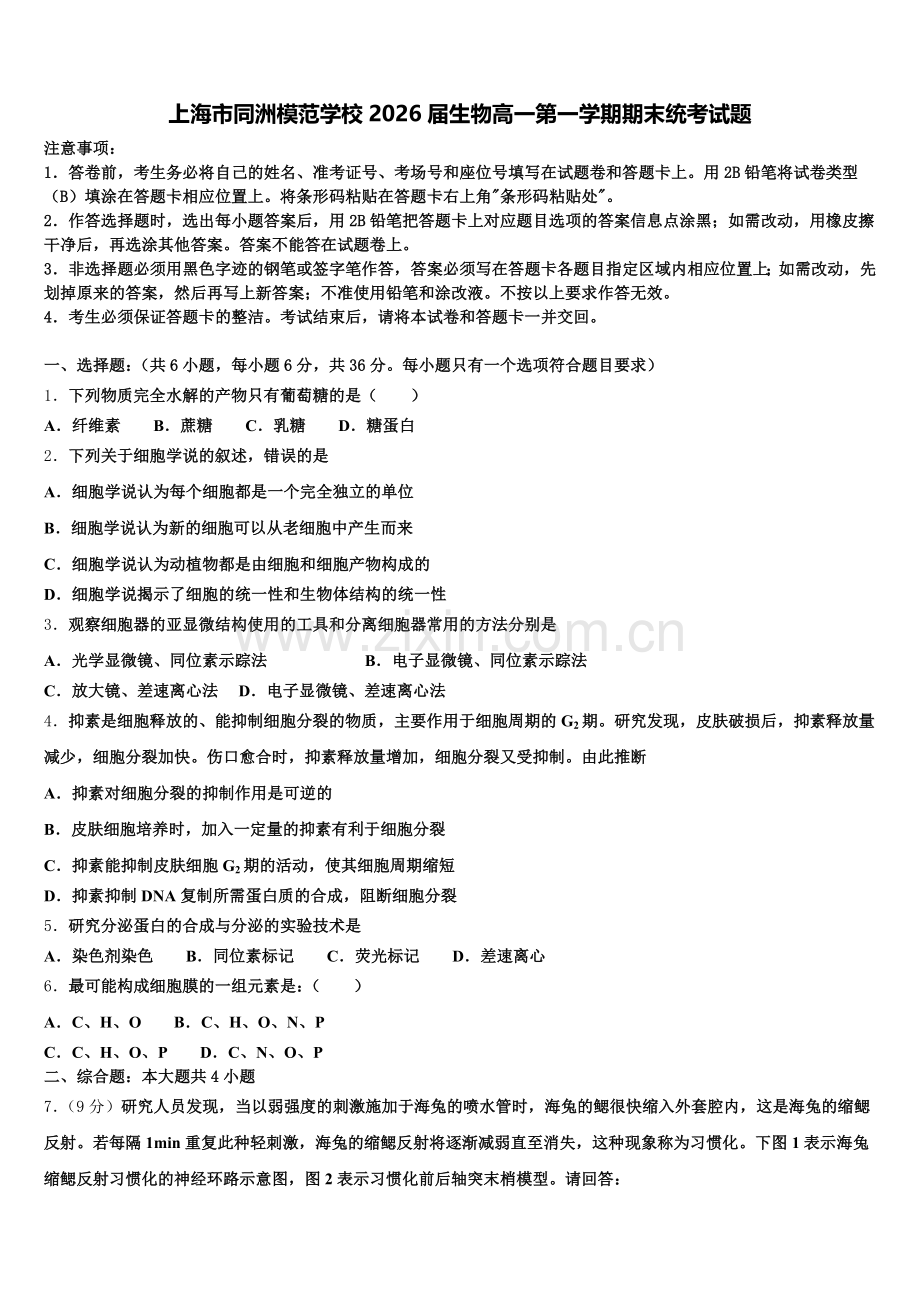 上海市同洲模范学校2026届生物高一第一学期期末统考试题含解析.doc_第1页