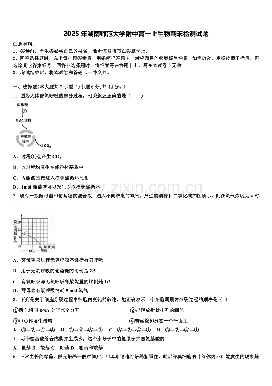 2025年湖南师范大学附中高一上生物期末检测试题含解析.doc_第1页