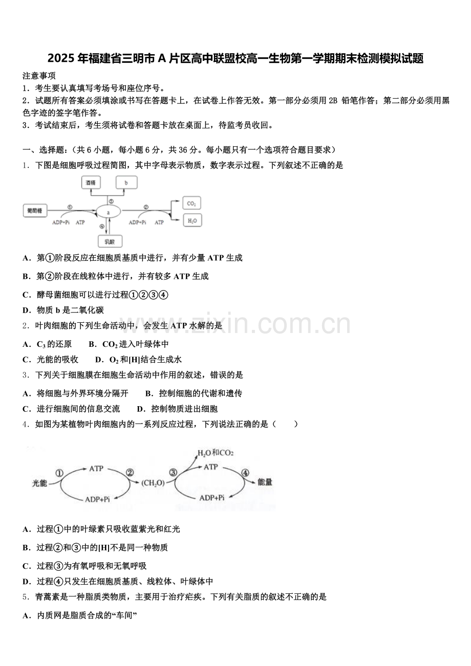 2025年福建省三明市A片区高中联盟校高一生物第一学期期末检测模拟试题含解析.doc_第1页