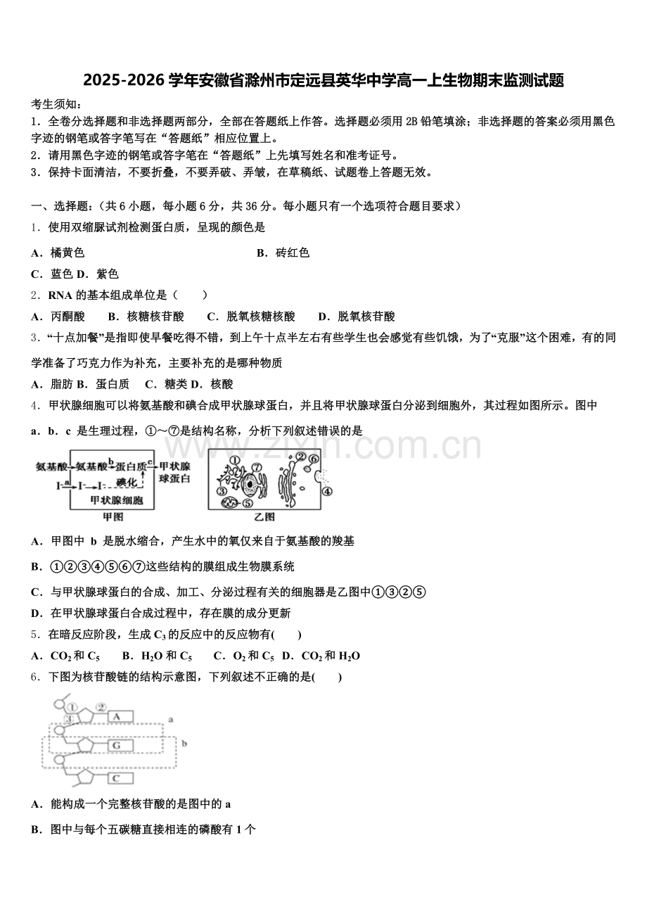 2025-2026学年安徽省滁州市定远县英华中学高一上生物期末监测试题含解析.doc_第1页