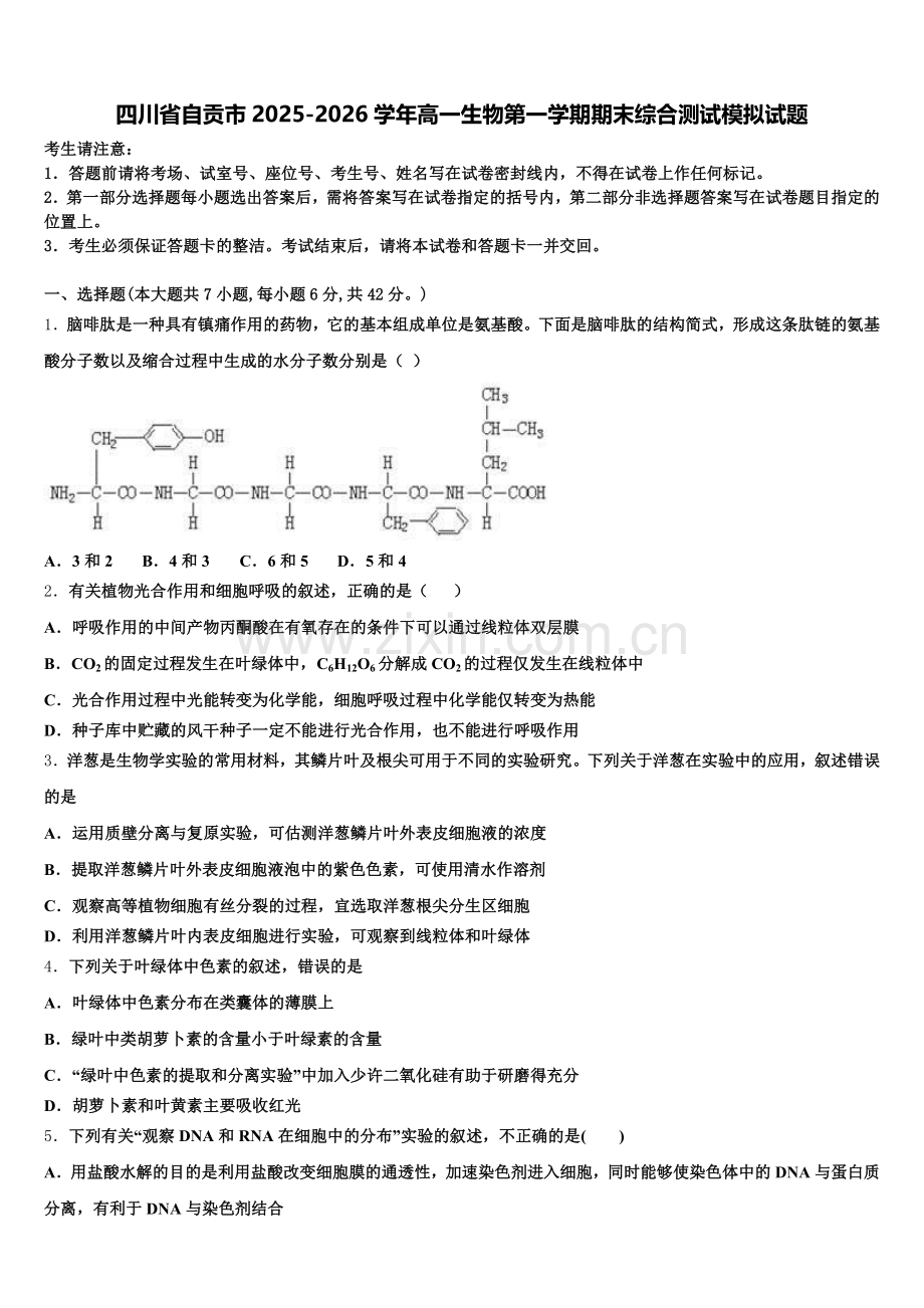 四川省自贡市2025-2026学年高一生物第一学期期末综合测试模拟试题含解析.doc_第1页