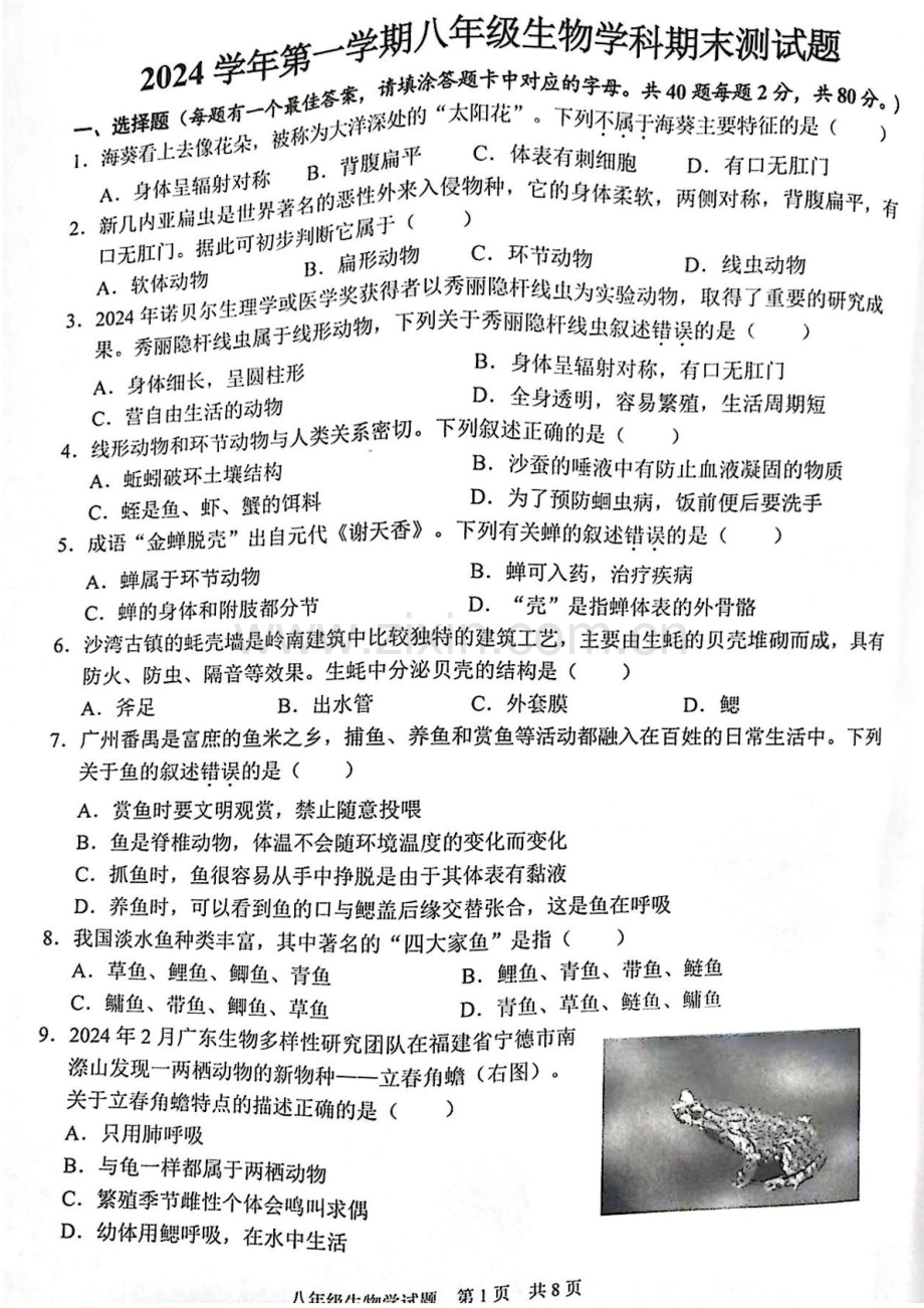 2024-2025学年广州市番禺区八年级上学期期末生物试卷（学生版）.docx_第1页
