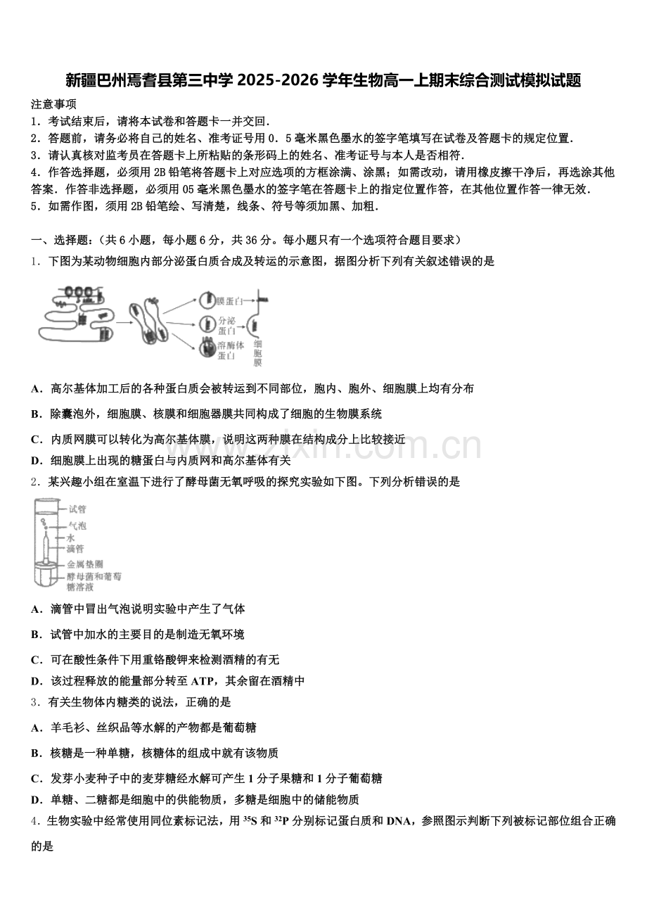 新疆巴州焉耆县第三中学2025-2026学年生物高一上期末综合测试模拟试题含解析.doc_第1页