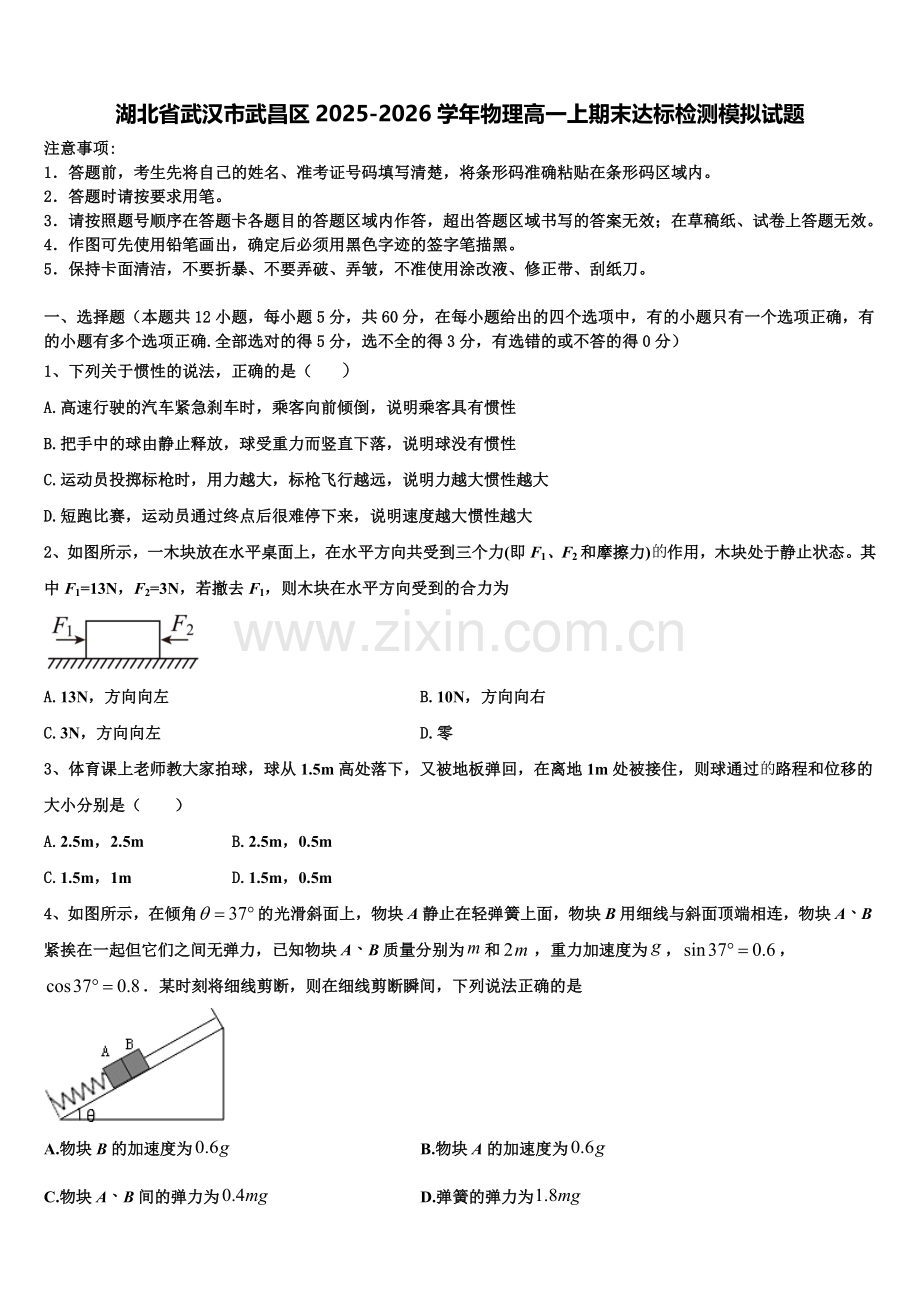 湖北省武汉市武昌区2025-2026学年物理高一上期末达标检测模拟试题含解析.doc_第1页