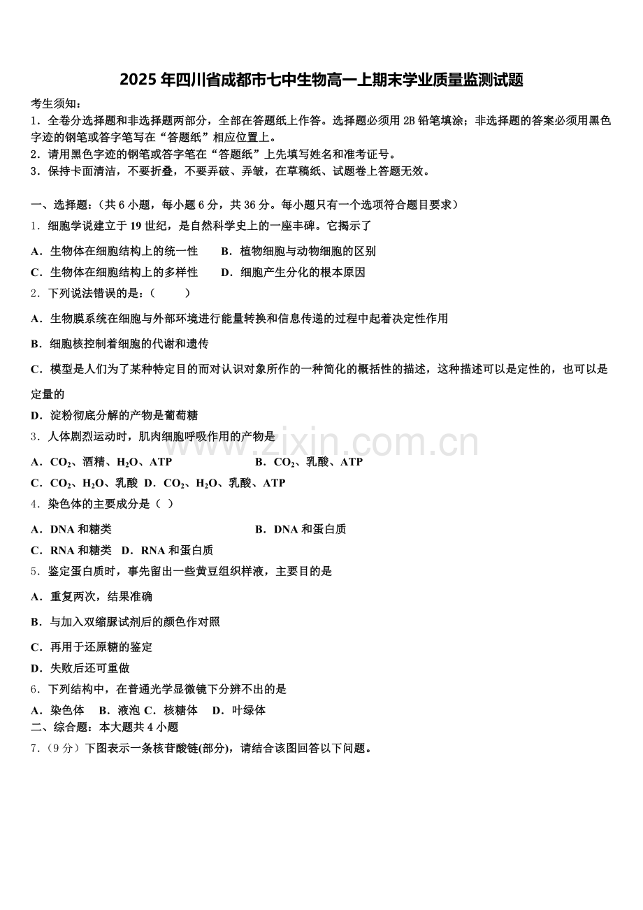 2025年四川省成都市七中生物高一上期末学业质量监测试题含解析.doc_第1页