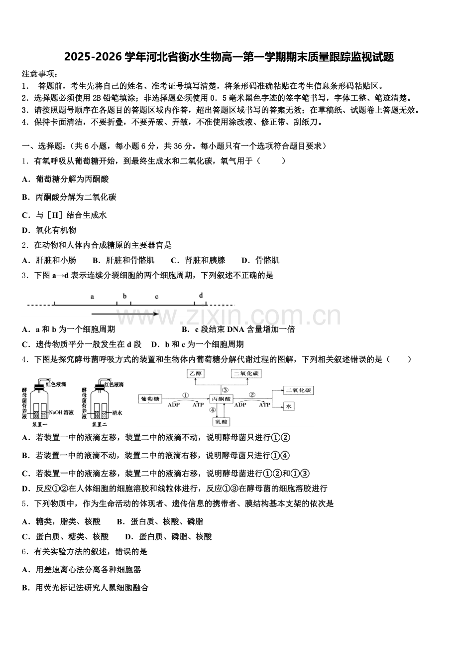 2025-2026学年河北省衡水生物高一第一学期期末质量跟踪监视试题含解析.doc_第1页
