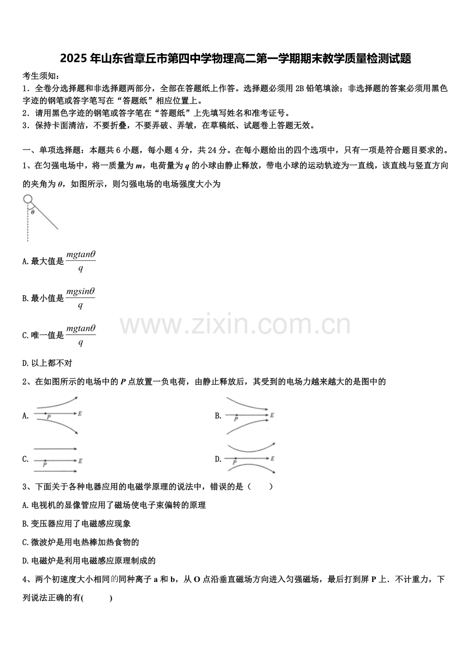 2025年山东省章丘市第四中学物理高二第一学期期末教学质量检测试题含解析.doc_第1页