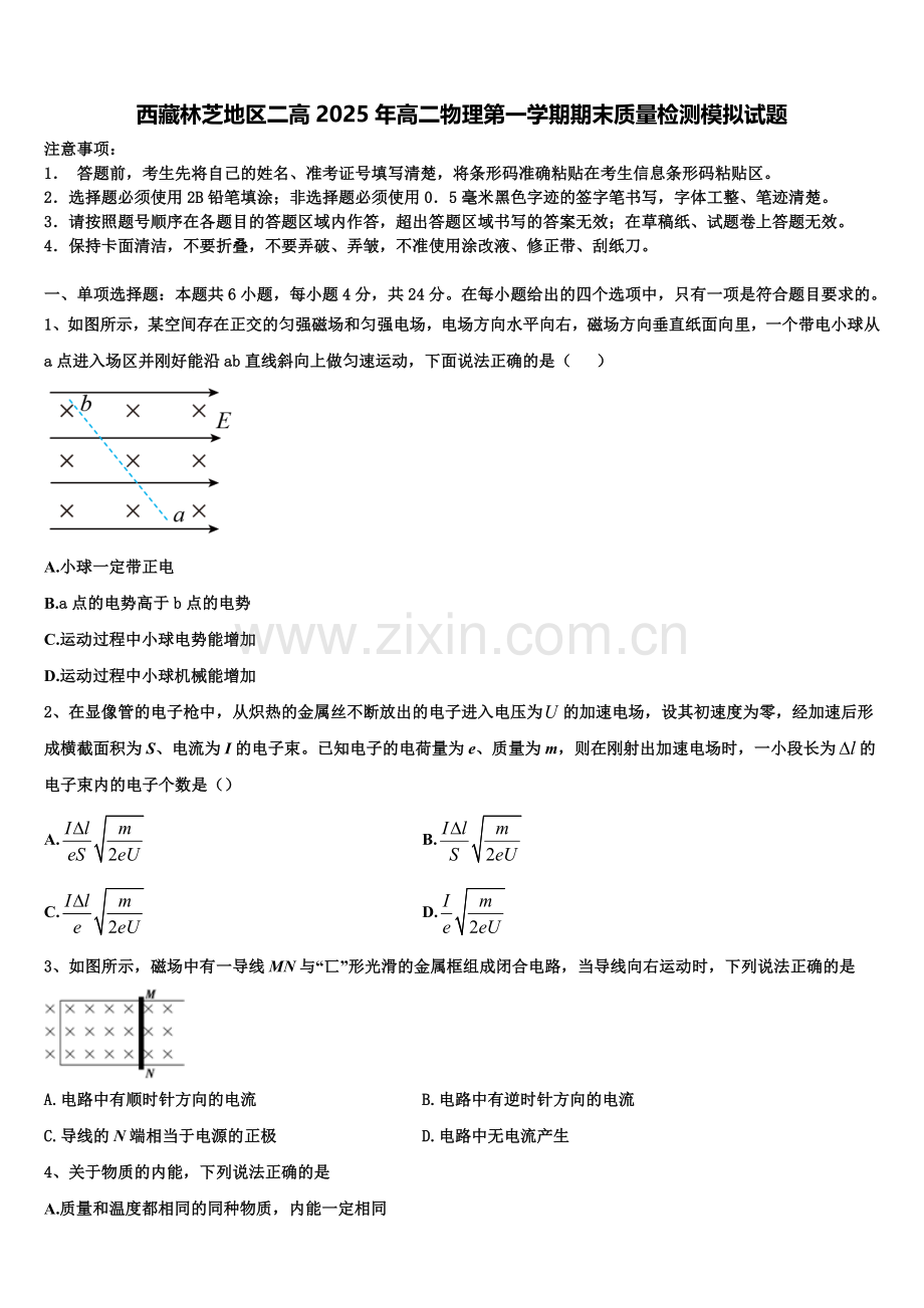 西藏林芝地区二高2025年高二物理第一学期期末质量检测模拟试题含解析.doc_第1页
