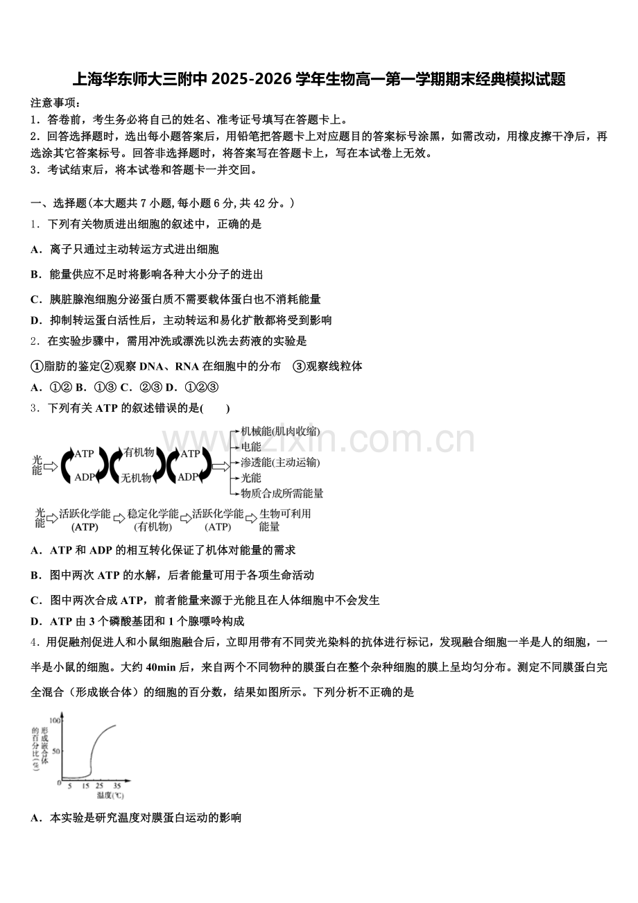 上海华东师大三附中2025-2026学年生物高一第一学期期末经典模拟试题含解析.doc_第1页