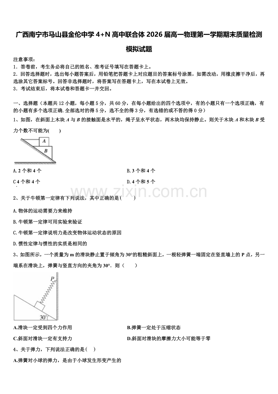 广西南宁市马山县金伦中学4+N高中联合体2026届高一物理第一学期期末质量检测模拟试题含解析.doc_第1页