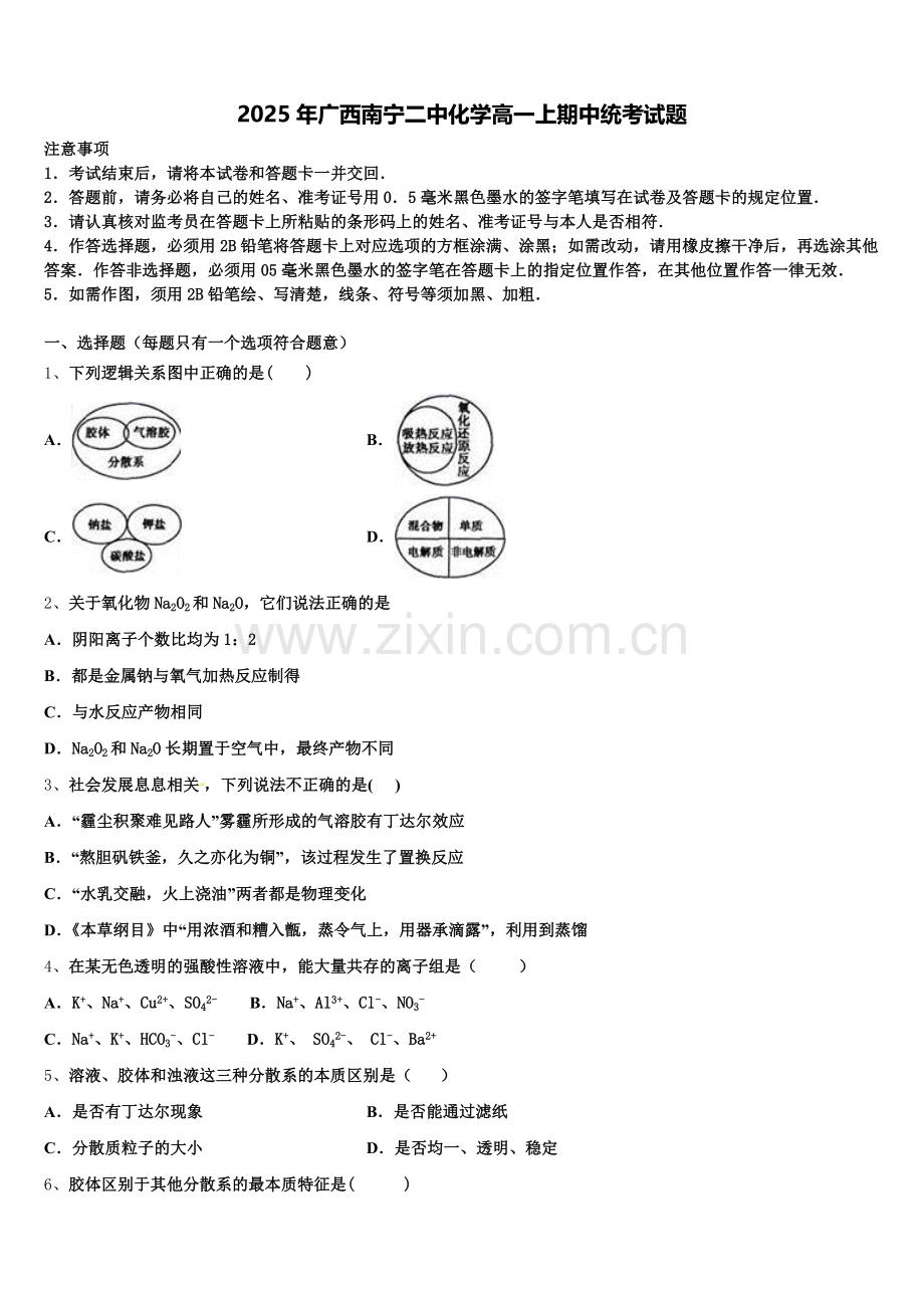 2025年广西南宁二中化学高一上期中统考试题含解析.doc_第1页