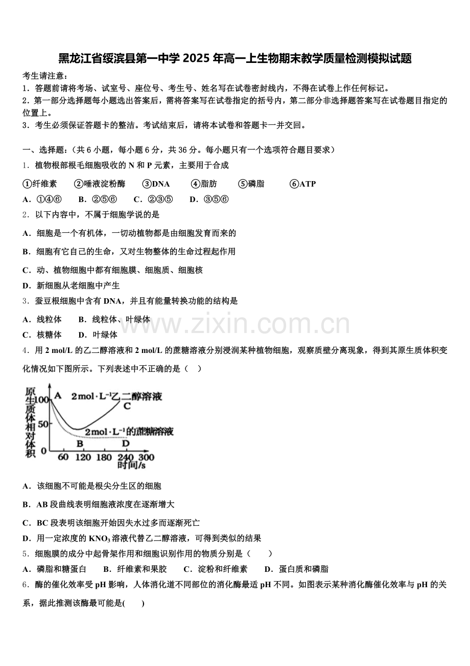 黑龙江省绥滨县第一中学2025年高一上生物期末教学质量检测模拟试题含解析.doc_第1页
