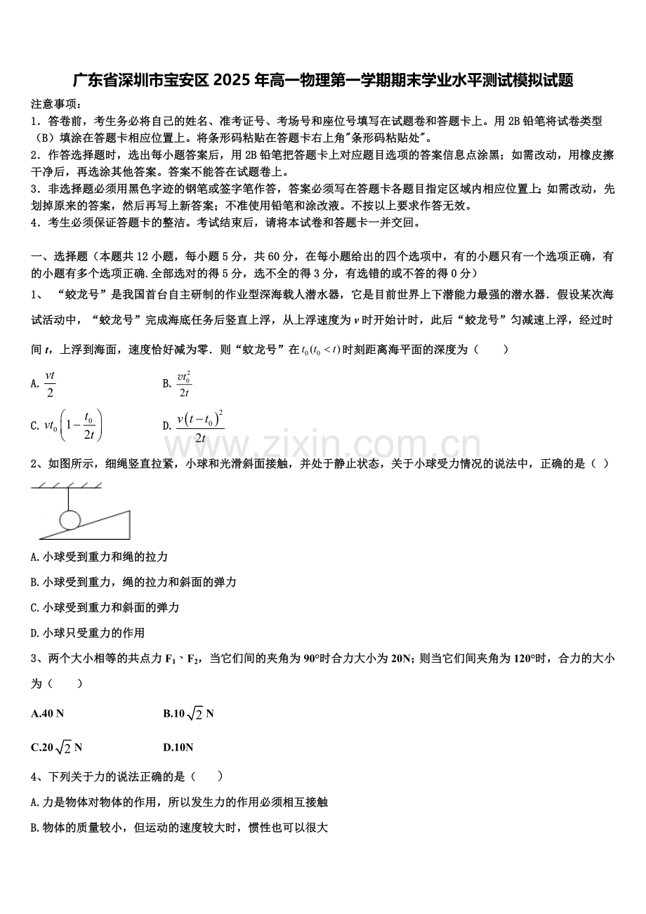 广东省深圳市宝安区2025年高一物理第一学期期末学业水平测试模拟试题含解析.doc_第1页