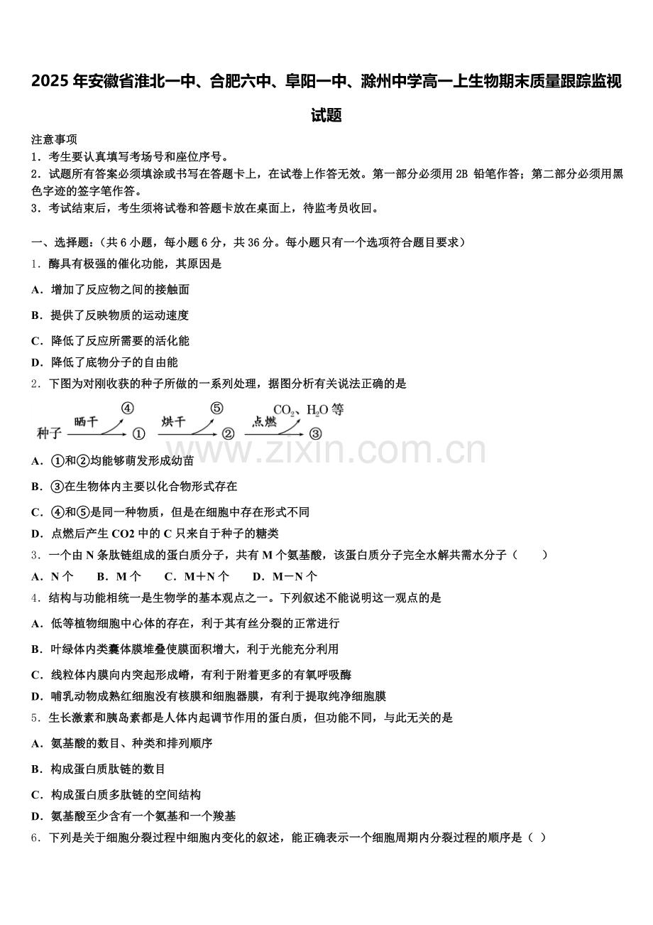 2025年安徽省淮北一中、合肥六中、阜阳一中、滁州中学高一上生物期末质量跟踪监视试题含解析.doc_第1页