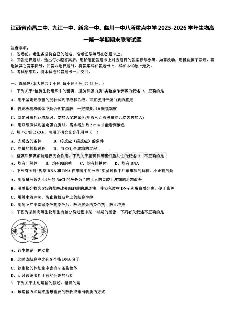 江西省南昌二中、九江一中、新余一中、临川一中八所重点中学2025-2026学年生物高一第一学期期末联考试题含解析.doc_第1页
