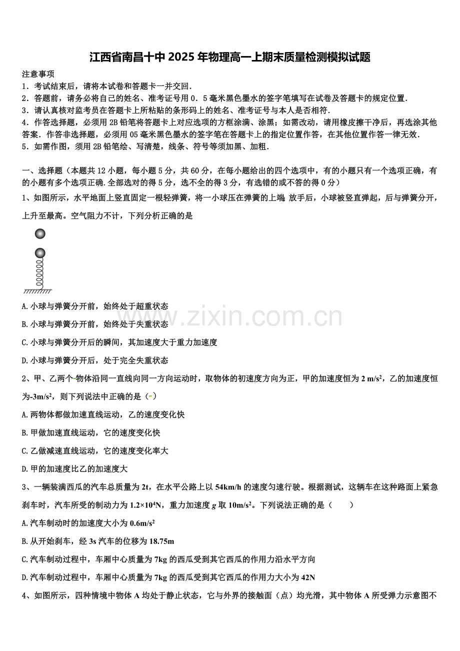 江西省南昌十中2025年物理高一上期末质量检测模拟试题含解析.doc_第1页