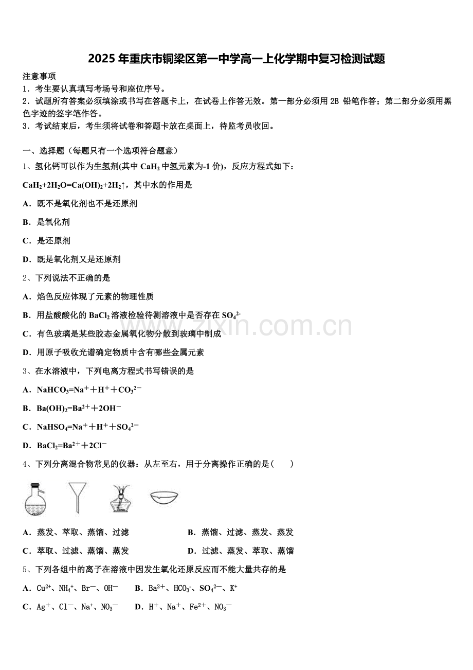 2025年重庆市铜梁区第一中学高一上化学期中复习检测试题含解析.doc_第1页