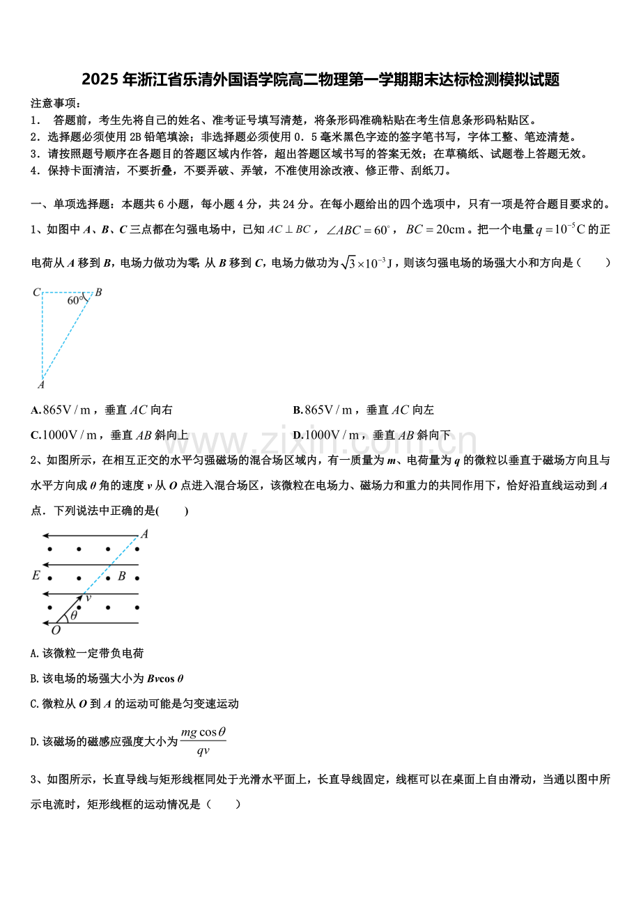 2025年浙江省乐清外国语学院高二物理第一学期期末达标检测模拟试题含解析.doc_第1页