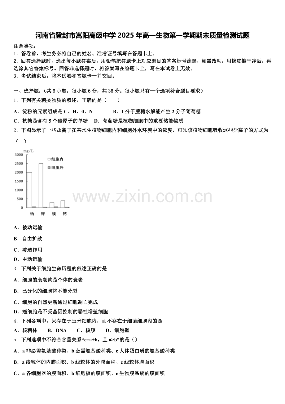 河南省登封市嵩阳高级中学2025年高一生物第一学期期末质量检测试题含解析.doc_第1页