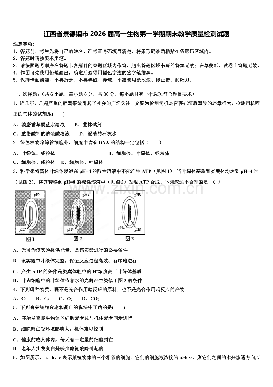 江西省景德镇市2026届高一生物第一学期期末教学质量检测试题含解析.doc_第1页