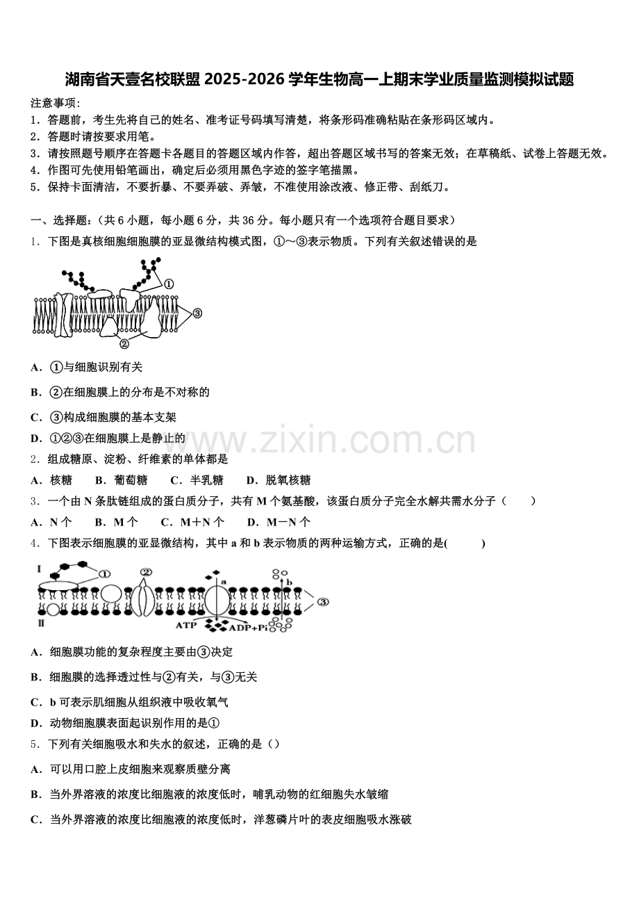 湖南省天壹名校联盟2025-2026学年生物高一上期末学业质量监测模拟试题含解析.doc_第1页