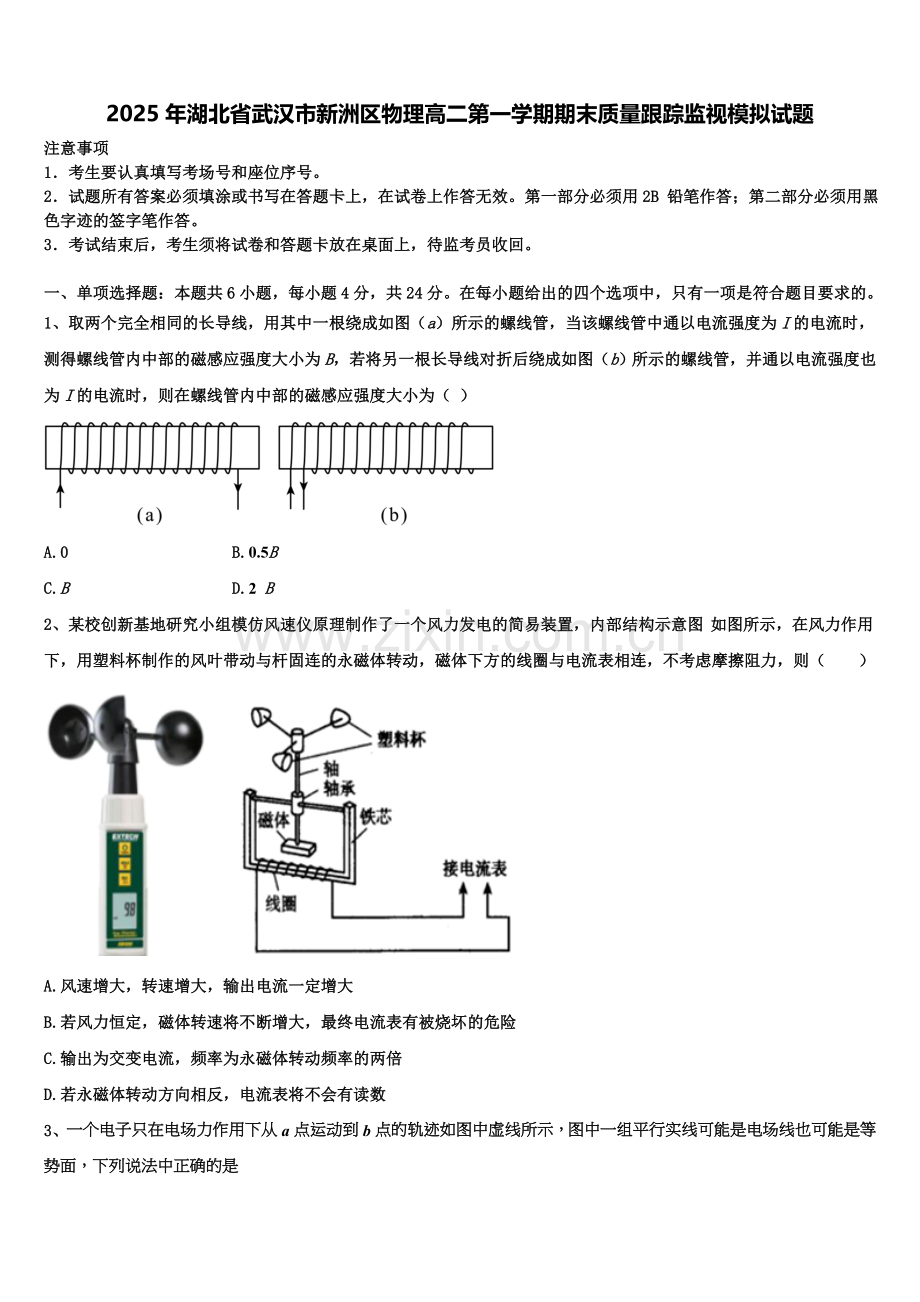 2025年湖北省武汉市新洲区物理高二第一学期期末质量跟踪监视模拟试题含解析.doc_第1页