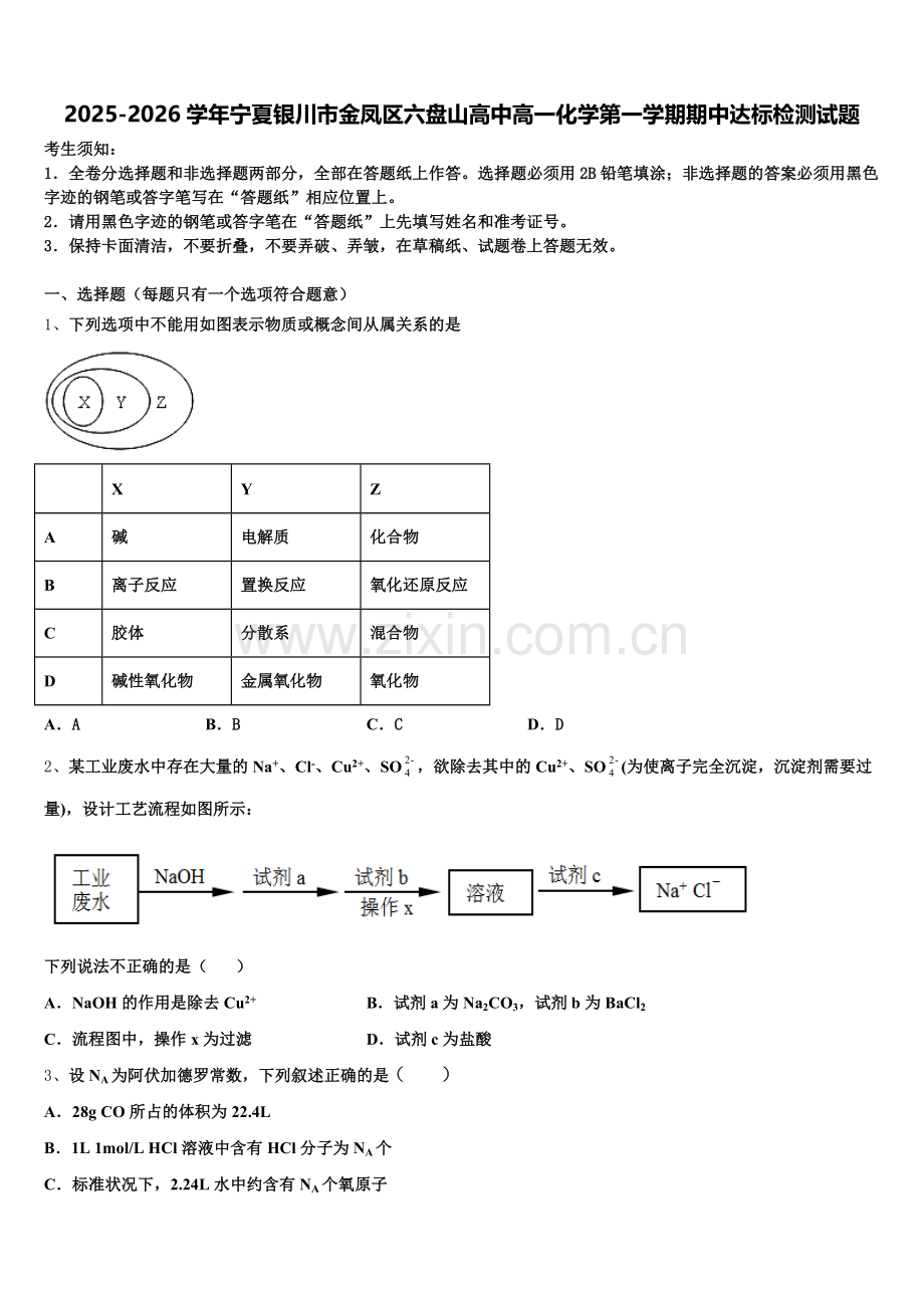 2025-2026学年宁夏银川市金凤区六盘山高中高一化学第一学期期中达标检测试题含解析.doc_第1页