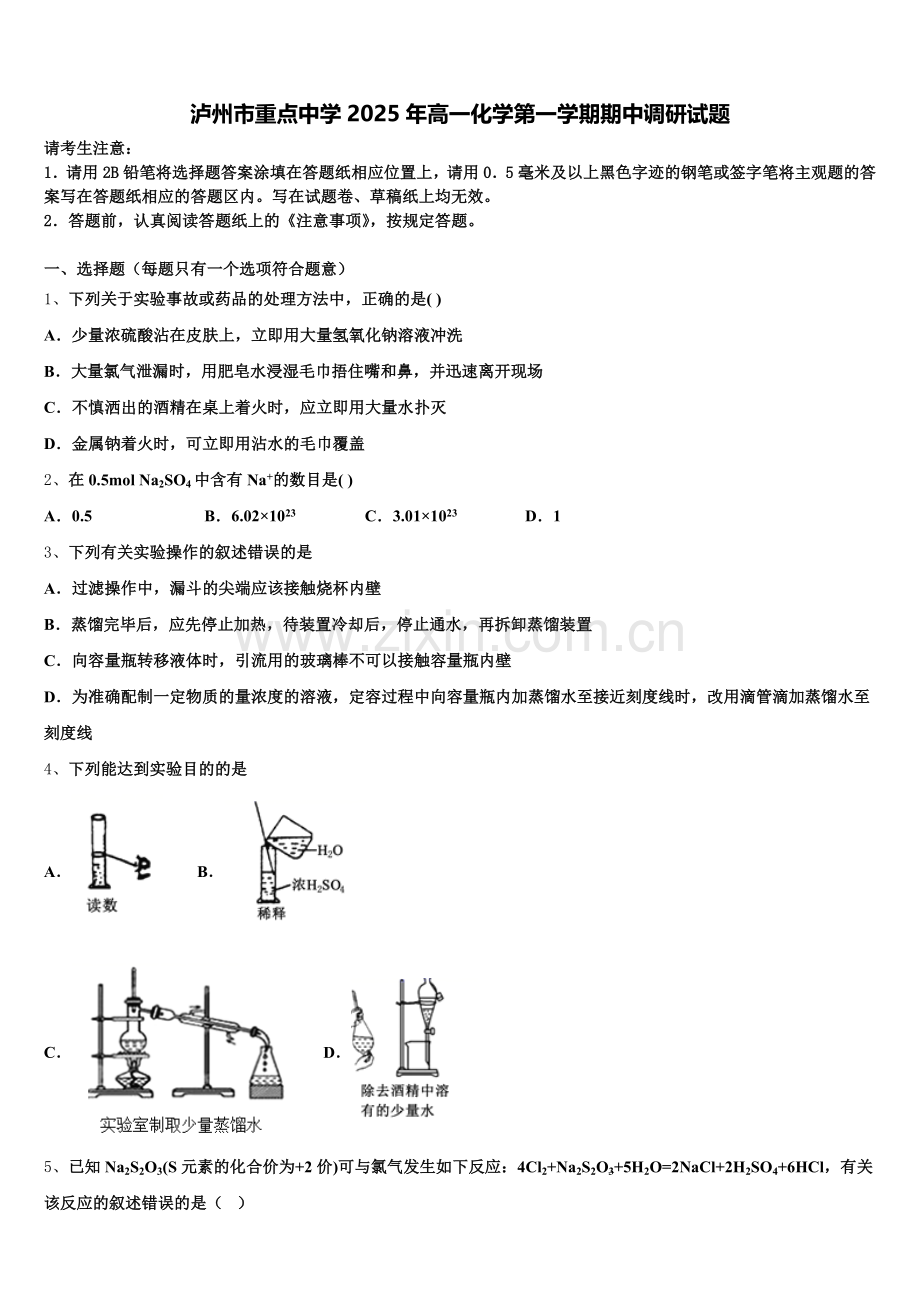 泸州市重点中学2025年高一化学第一学期期中调研试题含解析.doc_第1页