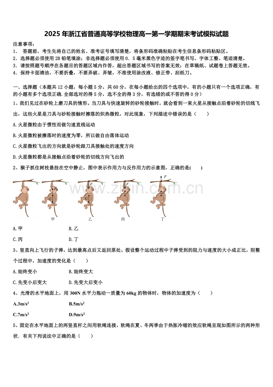 2025年浙江省普通高等学校物理高一第一学期期末考试模拟试题含解析.doc_第1页