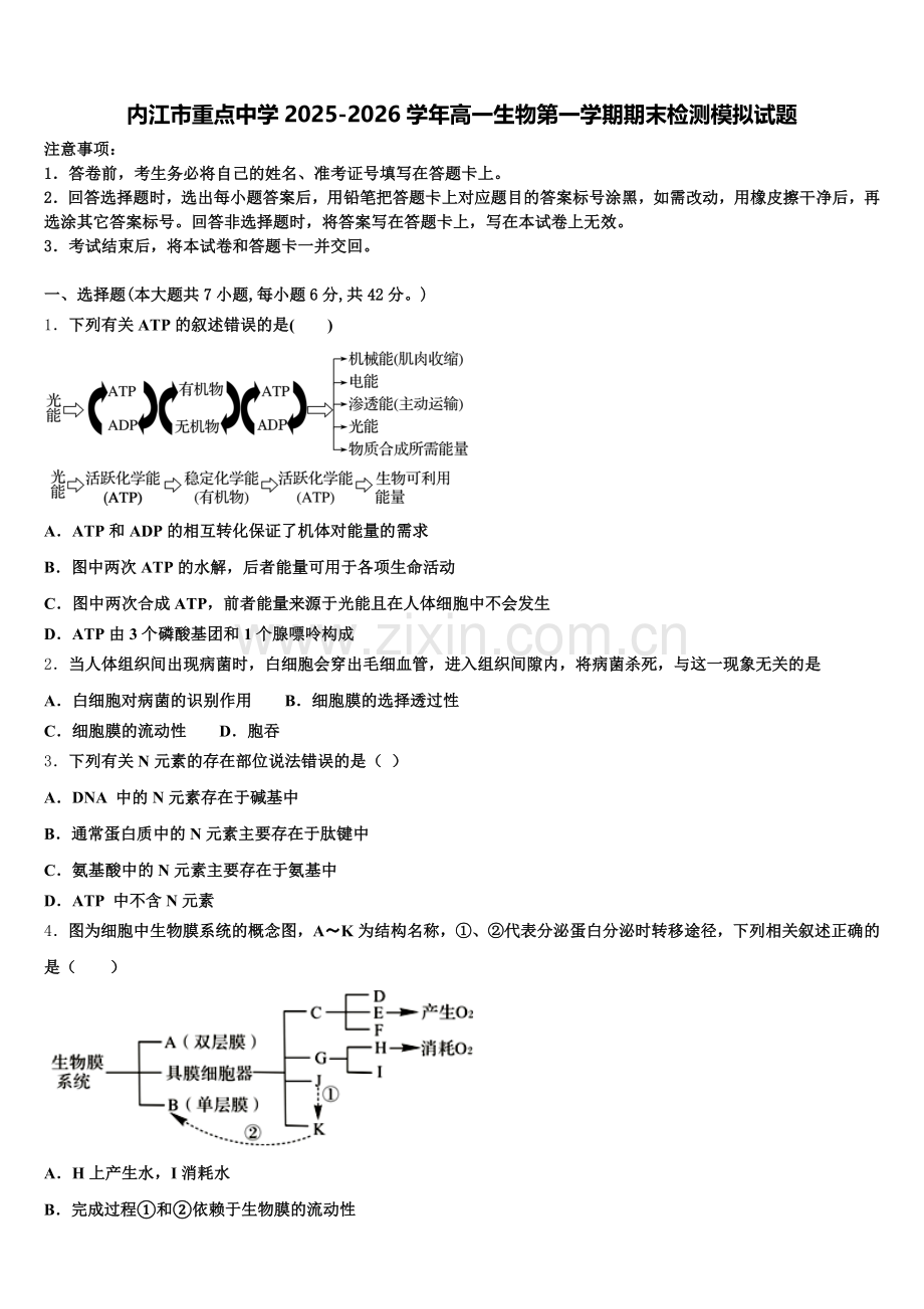 内江市重点中学2025-2026学年高一生物第一学期期末检测模拟试题含解析.doc_第1页