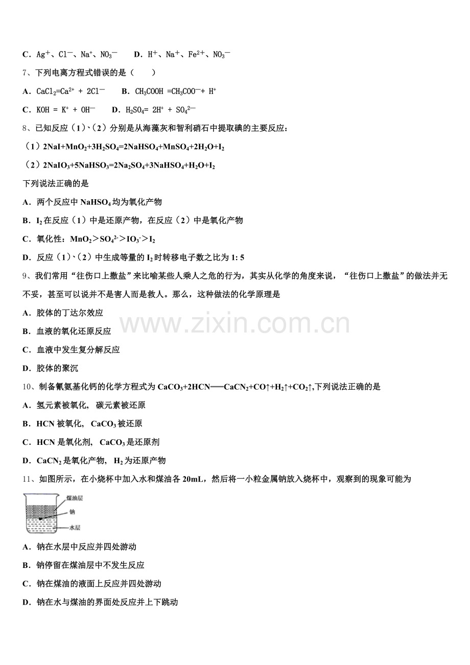 2026届西藏拉萨市那曲第二高级中学化学高一上期中质量跟踪监视模拟试题含解析.doc_第2页