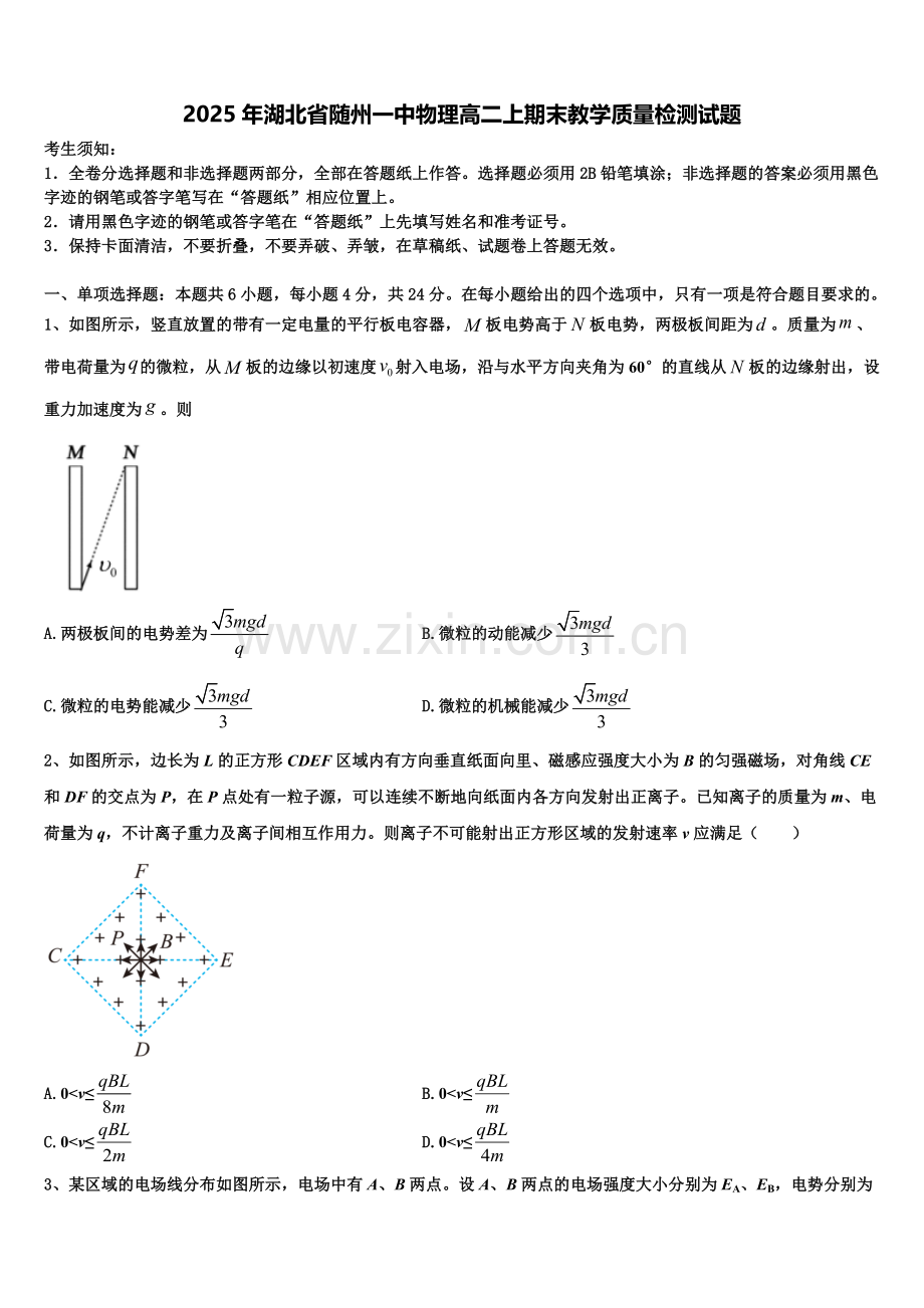 2025年湖北省随州一中物理高二上期末教学质量检测试题含解析.doc_第1页