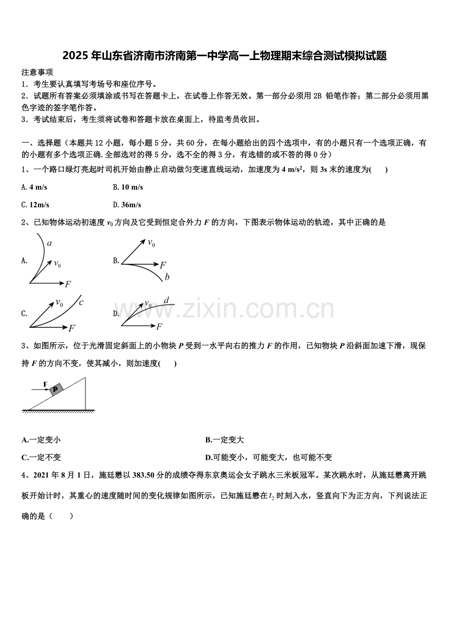 2025年山东省济南市济南第一中学高一上物理期末综合测试模拟试题含解析.doc_第1页