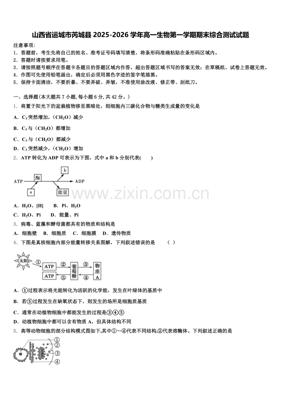 山西省运城市芮城县2025-2026学年高一生物第一学期期末综合测试试题含解析.doc_第1页