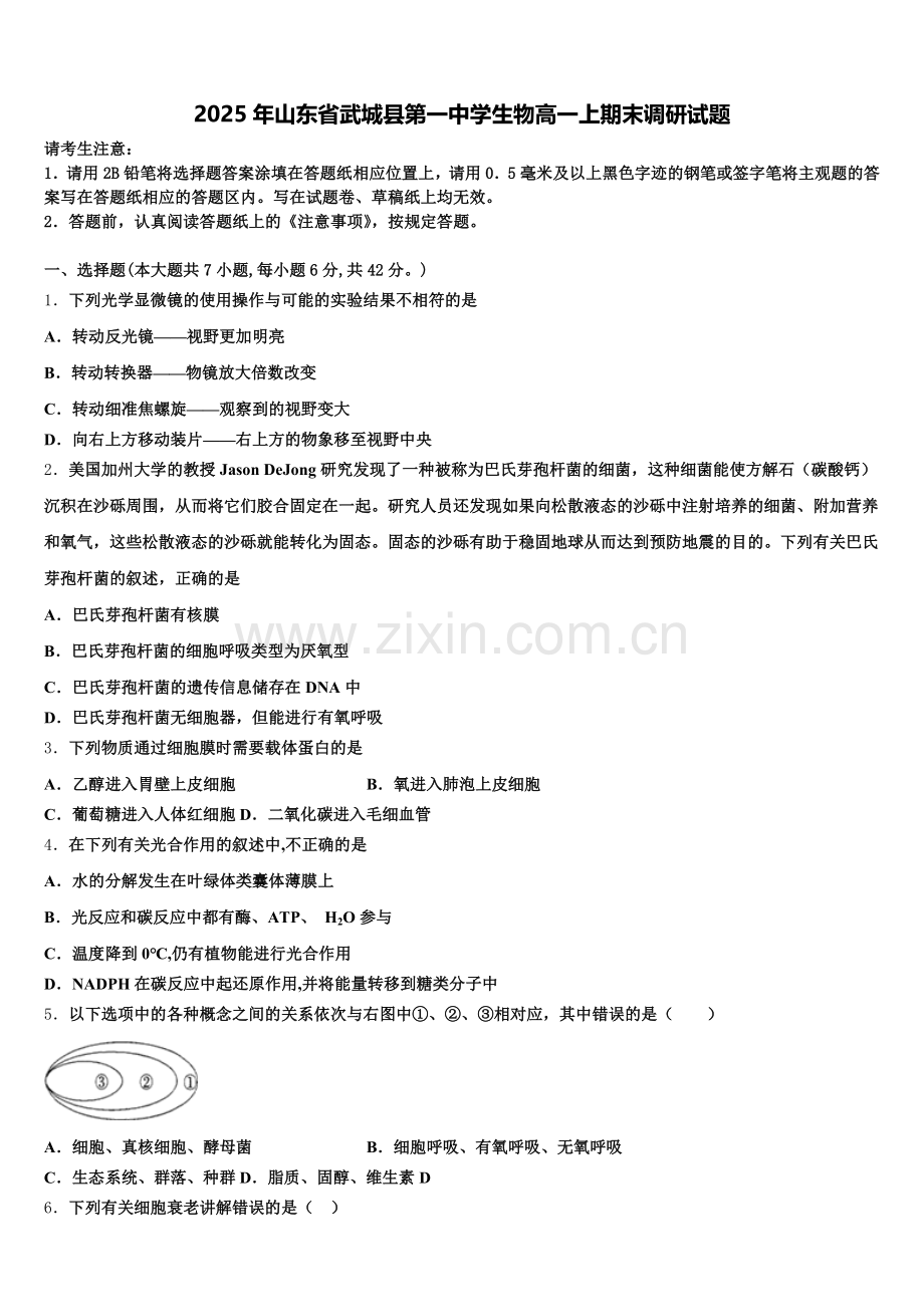 2025年山东省武城县第一中学生物高一上期末调研试题含解析.doc_第1页