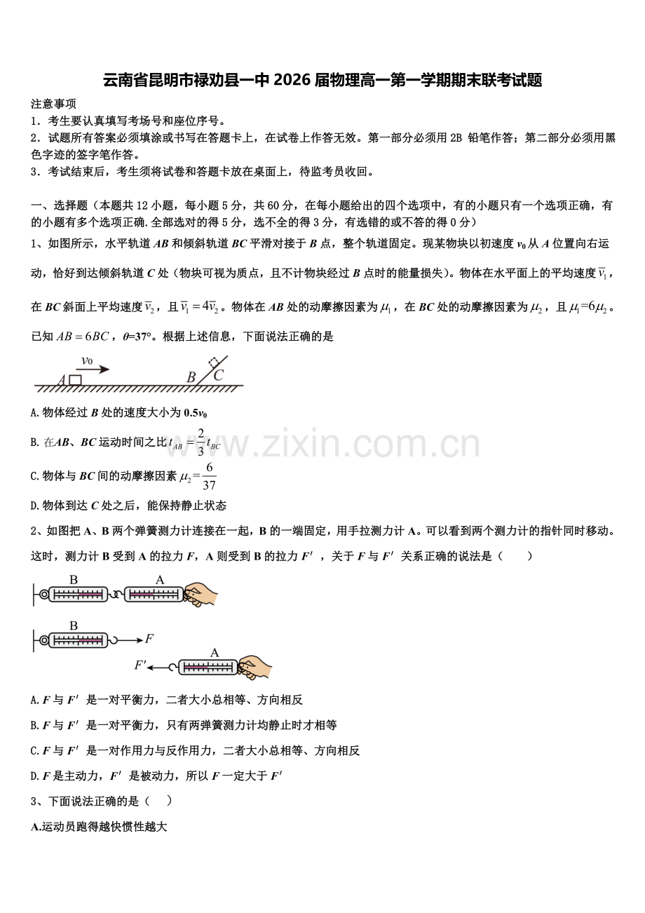 云南省昆明市禄劝县一中2026届物理高一第一学期期末联考试题含解析.doc_第1页