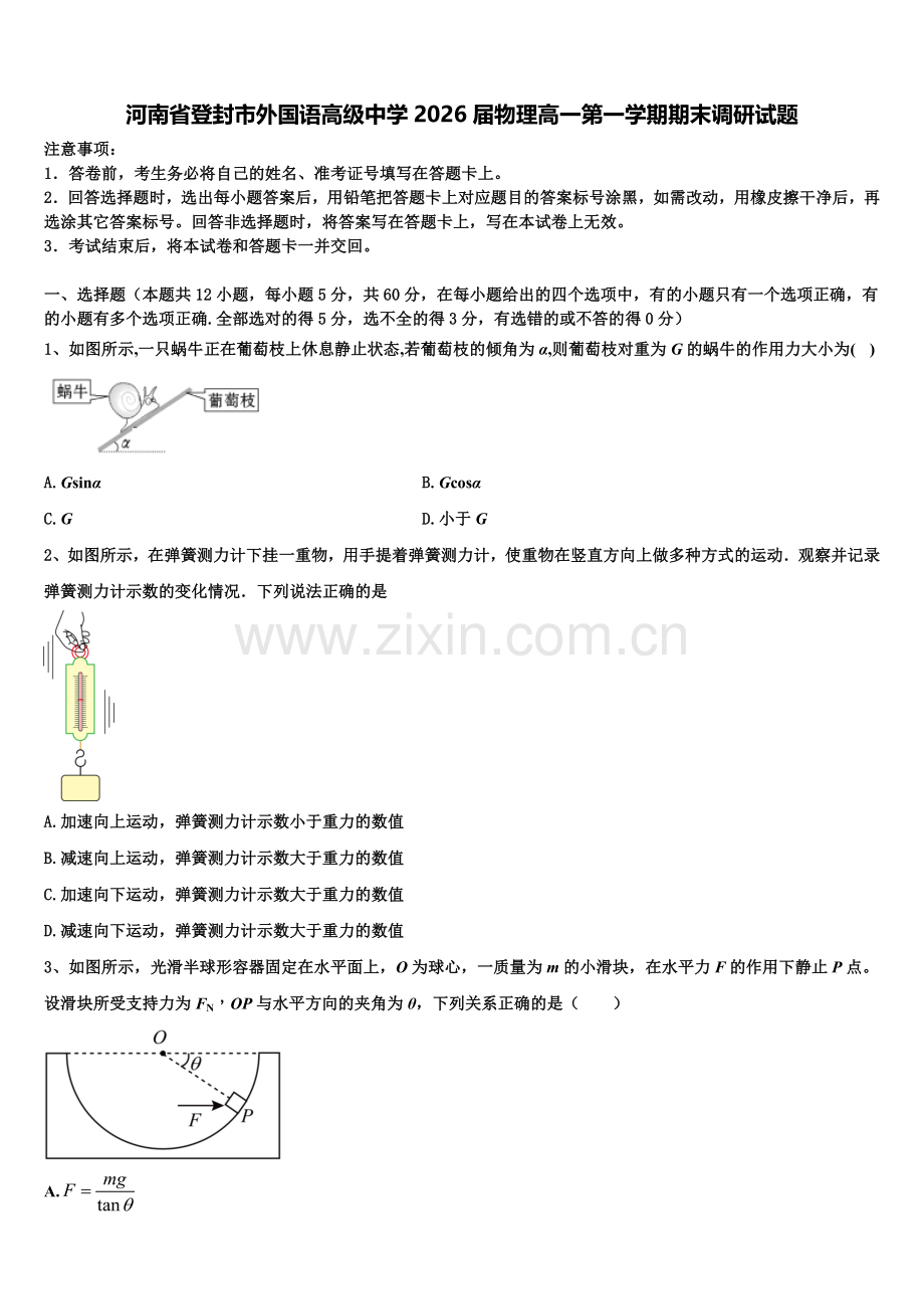 河南省登封市外国语高级中学2026届物理高一第一学期期末调研试题含解析.doc_第1页
