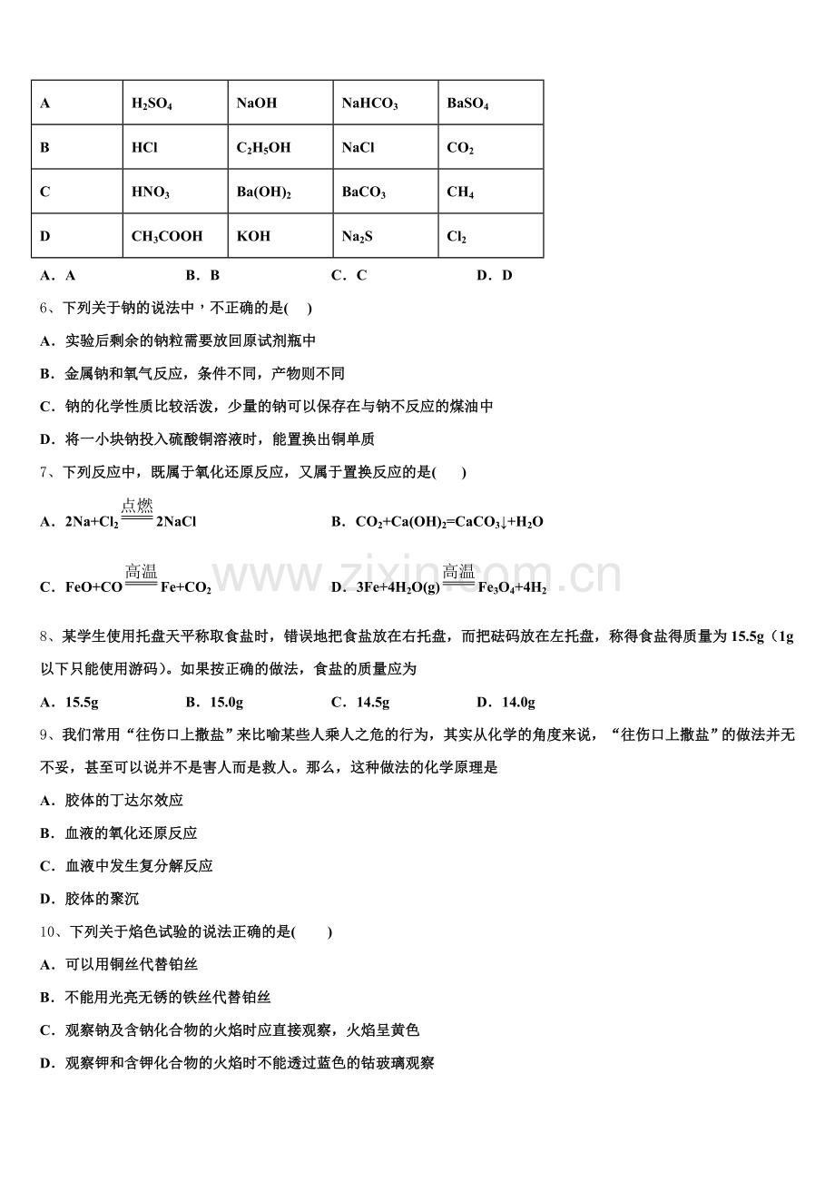 2026届深圳市重点中学高一上化学期中调研试题含解析.doc_第2页